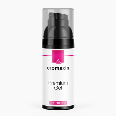 Weiße Spenderflasche mit schwarzem Kopf, pinkem Etikettbereich und Schrift Eromaxin Premium Gel